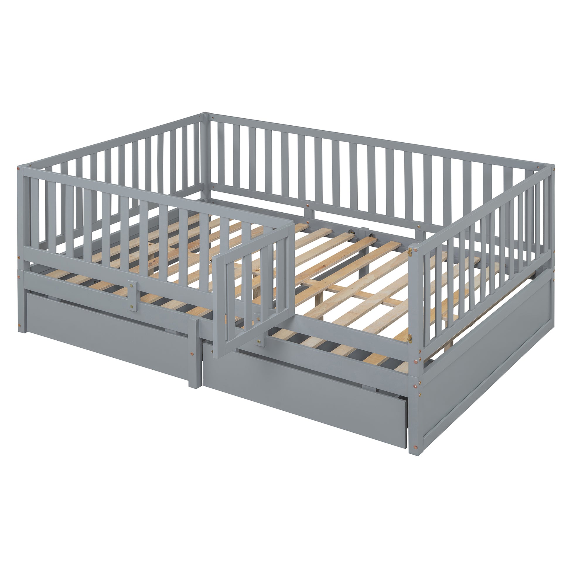 Full Size Wood Daybed With Fence Guardrails And 2 Drawers, Split Into Independent Floor Bed & Daybed, Gray Old Sku :Lp000882Aae Full Gray Solid Wood Mdf