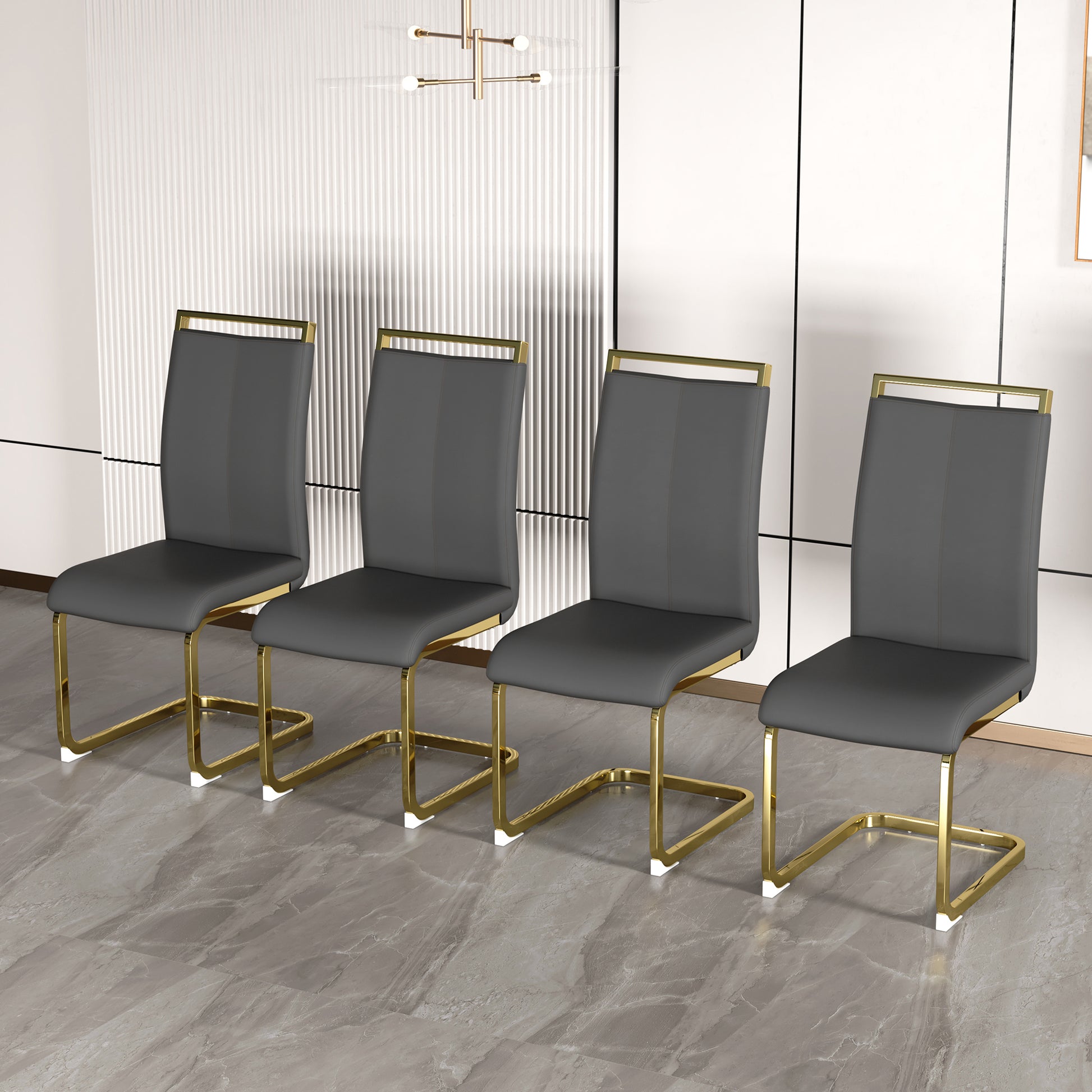 Table And Chair Set,Modern Minimalist Rectangular Dining Table, 0.4 Inch Thick, With A Black Imitation Marble Pattern Desktop And Black Mdf Legs. Comfortable Pu Seats,Perfect For Dinner, Meet Grey Black Seats 4 Mdf Glass