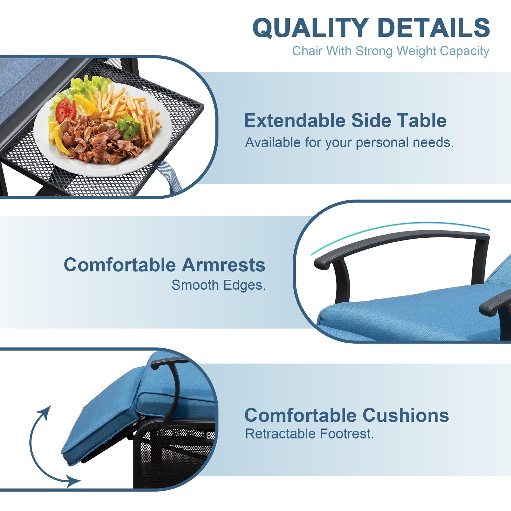 Adjustable Patio Recliner Chair Metal Outdoor Lounge Chair With Flip Table Push Back, Adjustable Angle, 6.8'' Removable Cushions, Support 350Lbs, Navy Blue Yes Blue Garden & Outdoor Metal