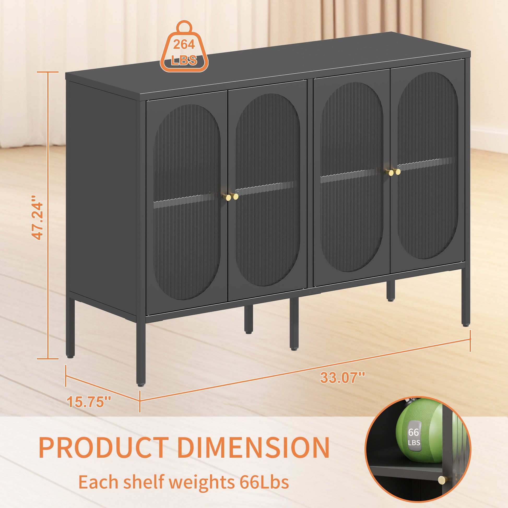 Metal Sideboard Cabinet With 4 Glass Door, Steel Locker Sideboard Buffet Cabinet, Sideboard Buffet Cabinet With 4 Doors, Kitchen Storage Cabinet, Coffee Bar Cabinet For Kitchen, Living Room, Black