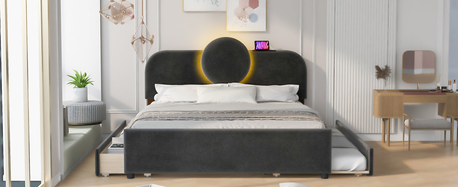 Queen Size Upholstered Platform Bed With Multi Functional Headboard, Trundle And 2 Drawers, Gray Box Spring Not Required Queen Gray Wood Bedroom Upholstered