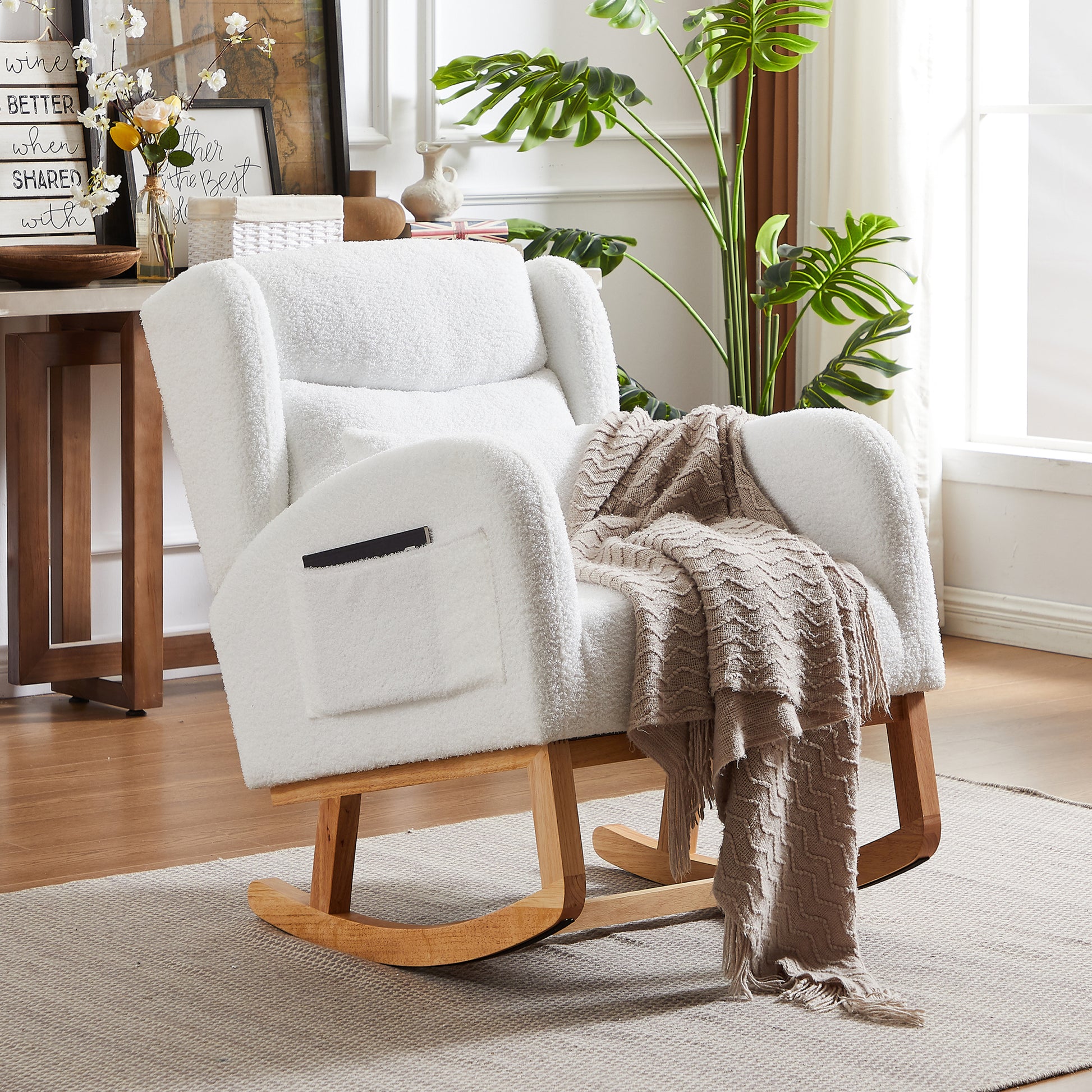 27.2"W Modern Accent High Backrest Living Room Lounge Arm Rocking Chair, Two Side Pocket Ivory Foam Fabric