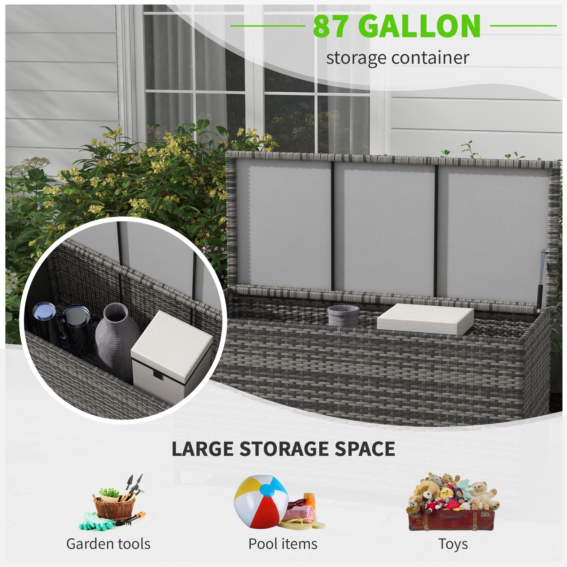 Outsunny 83 Gallon Deck Box, Large Outdoor Storage Chest, Pe Wicker Trunk For Outside On Wheels For Garden Tools, Pool Supplies & Patio Furniture Cushions, Gray Gray Plastic