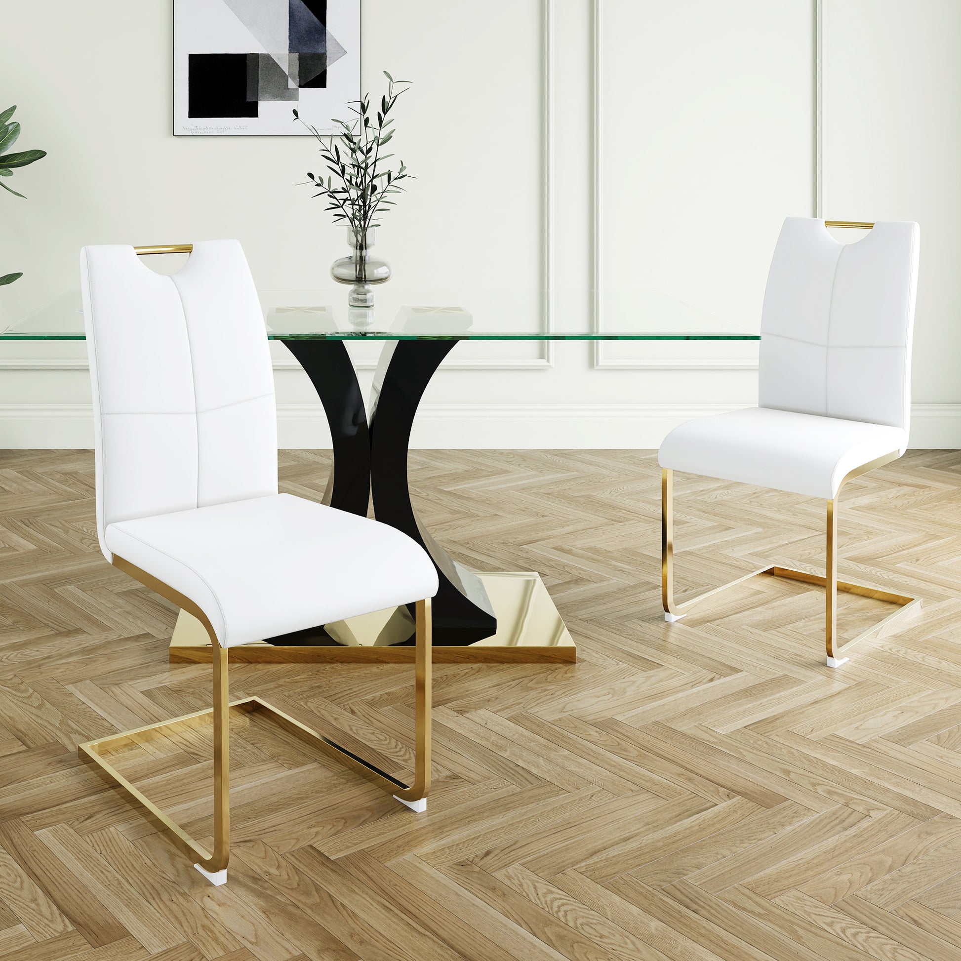 Modern Style Glass Dining Table, Elegant Transparent Design, Solid Support Base, White Dining Chair Set, Gold Plated Legs, Suitable For Restaurant Kitchen Use Set Of 5 White Gold Seats 4 Mdf Glass