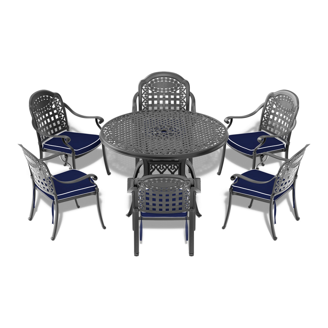 Cushions In Random Colors 7 Piece Set Of Cast Aluminum Patio Furniture With Cushions Yes Dining Set Black Seats 6 Rust Resistant Frame Water Resistant Cushion Garden & Outdoor Complete Patio Sets Aluminium