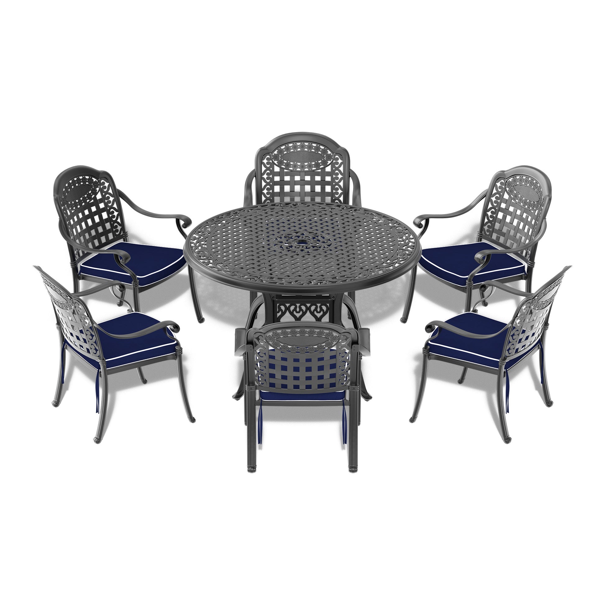 Cushions In Random Colors 7 Piece Set Of Cast Aluminum Patio Furniture With Cushions Yes Dining Set Black Seats 6 Rust Resistant Frame Water Resistant Cushion Garden & Outdoor Complete Patio Sets Aluminium