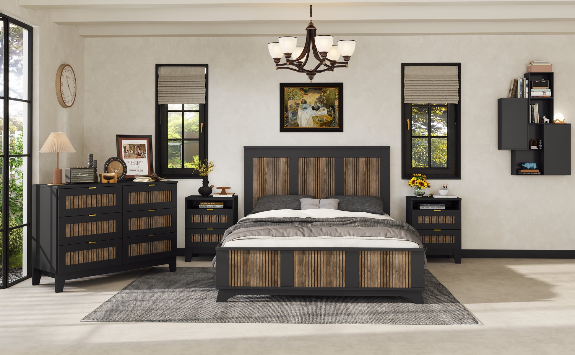 4 Pieces Bedroom Sets, Queen Size Farmhouse Platform Bed With Wooden Strip Decoration, Storage Nightstand And Dresser With Metal Handle, Black Queen Black 4 Piece Set Particle Board