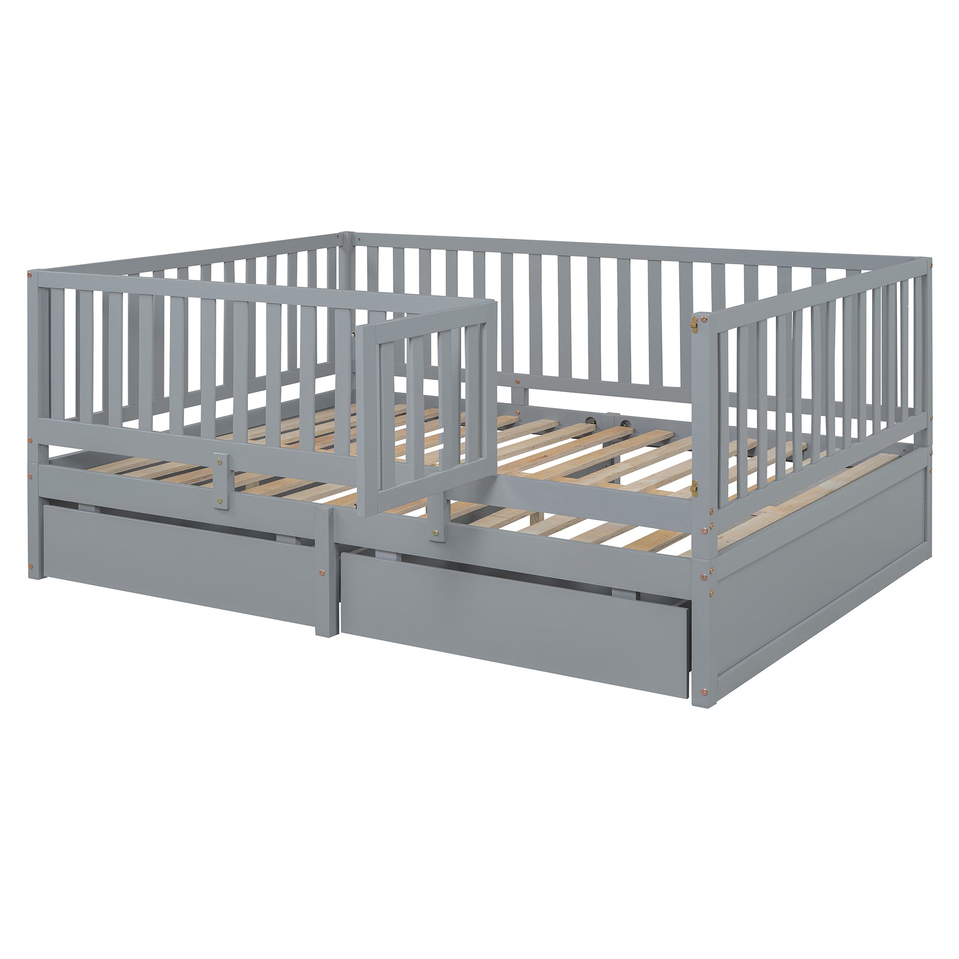 Full Size Wood Daybed With Fence Guardrails And 2 Drawers, Split Into Independent Floor Bed & Daybed, Gray Old Sku :Lp000882Aae Full Gray Solid Wood Mdf