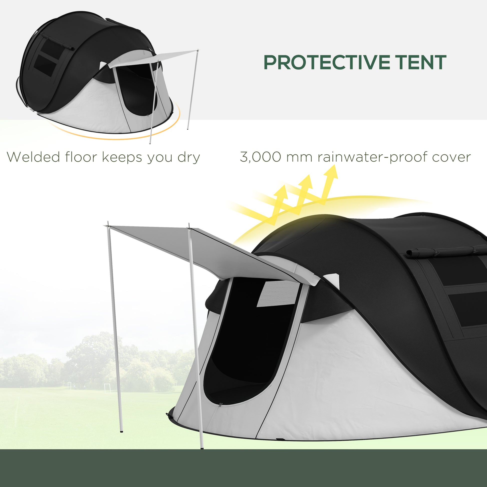 Outsunny Pop Up Tent, Instant Camping Tent With Porch And Carry Bag, 3000Mm Waterproof, For 2 3 People, Black, Poles Included Black Polyester