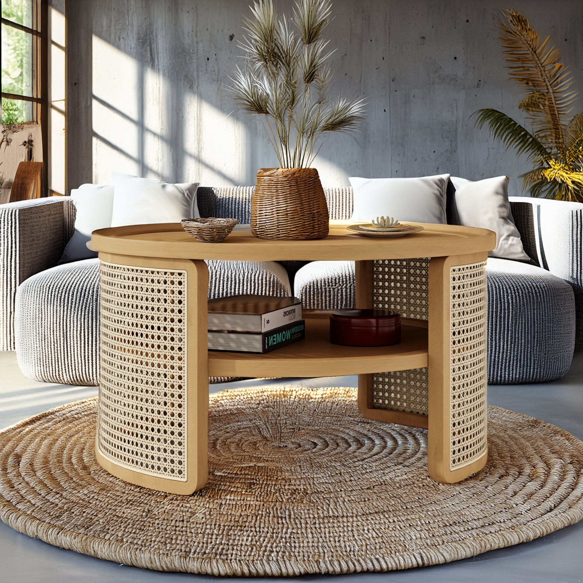 2 Tiered Round Natural Wood Coffee Table With Storage Rattan Base In 31.3'' Natural Rubber Wood