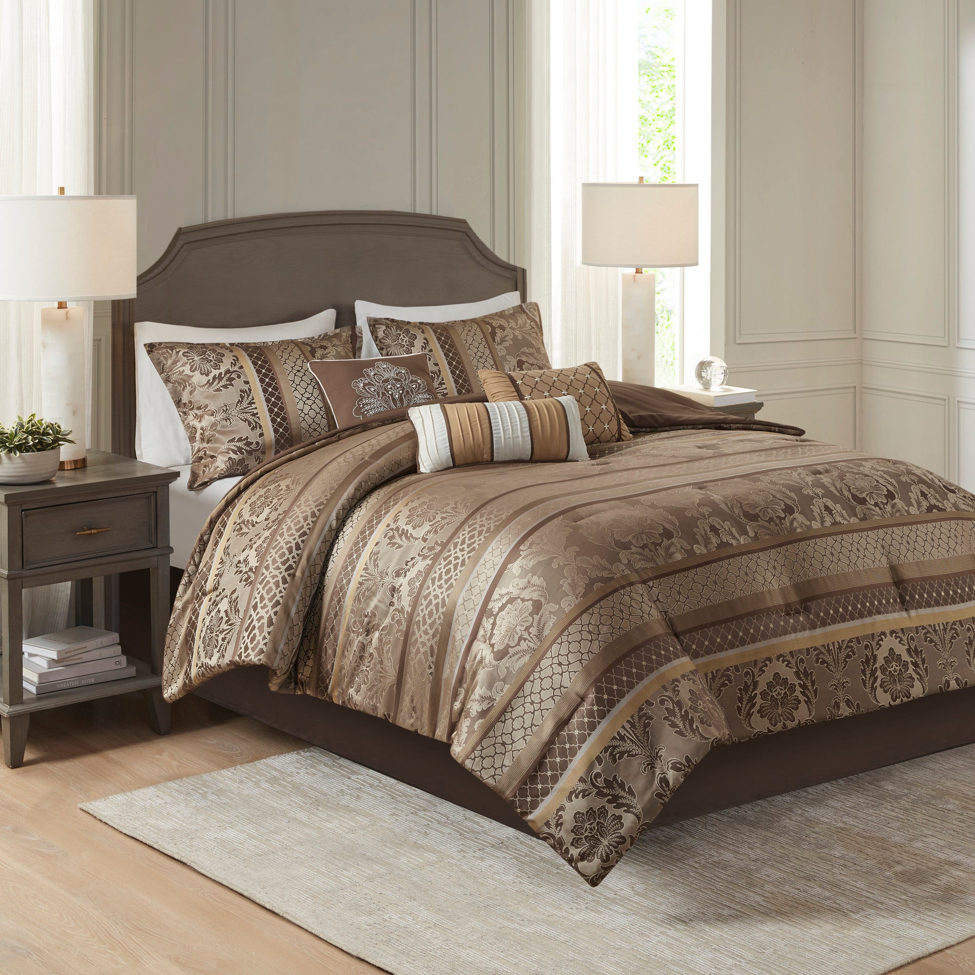 7 Piece Jacquard Comforter Set Brown Gold King King Brown Gold Polyester