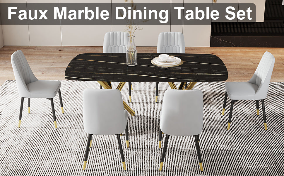 Large Modern Minimalist Rectangular Dining Table With 0.39 "Imitation Marble Black Desktop And Gold Metal Legs, Paired With 6 Chairs With Pu Cushions And Black Metal Legs.F 1538 C 007 Black Gold Glass Metal