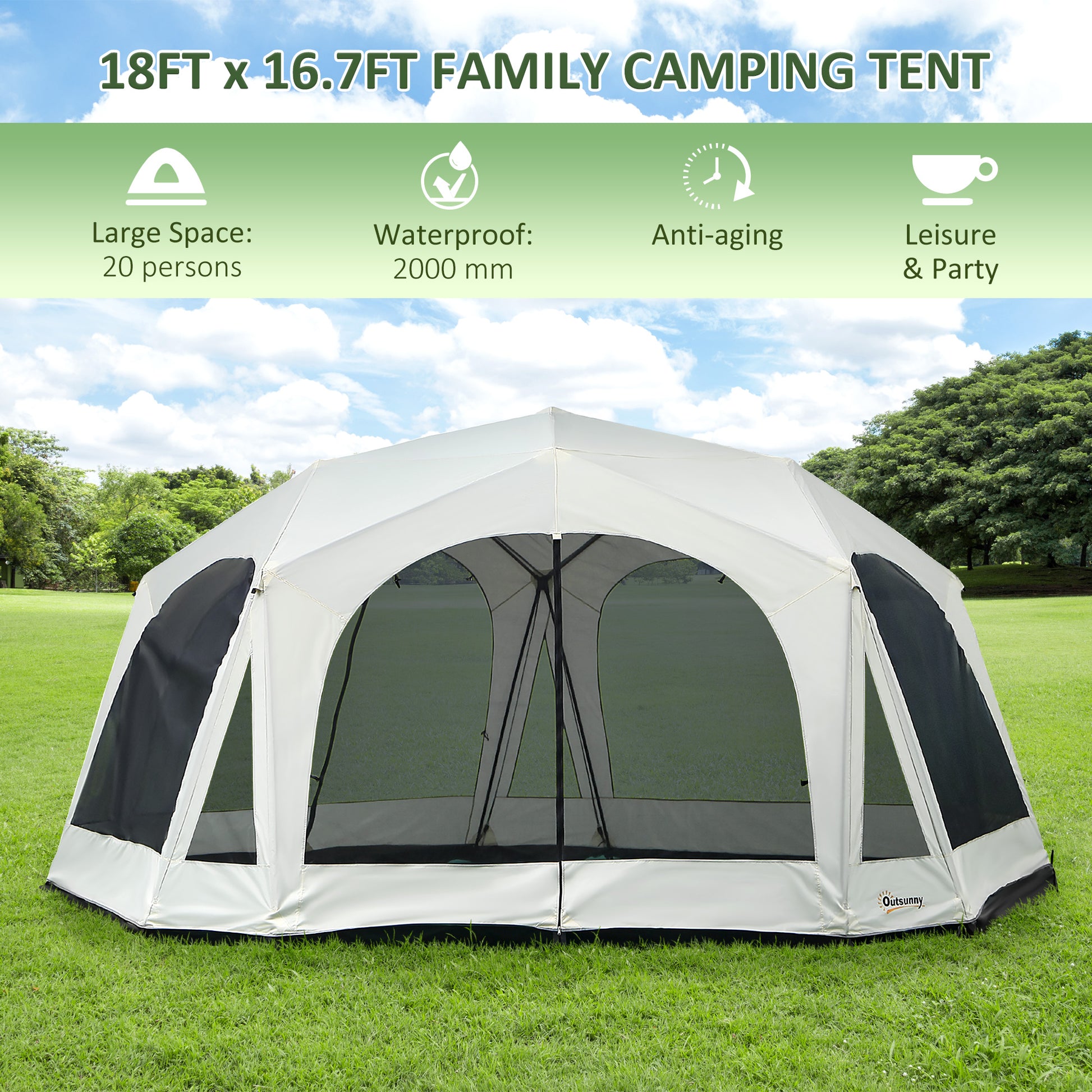 Outsunny 20 Person Camping Tent, Outdoor Cabin Tent Tent With 2 Doors, Screen Room, Family Dome Tent For Hiking, Backpacking, Traveling, Easy Set Up, Cream Cream White Steel