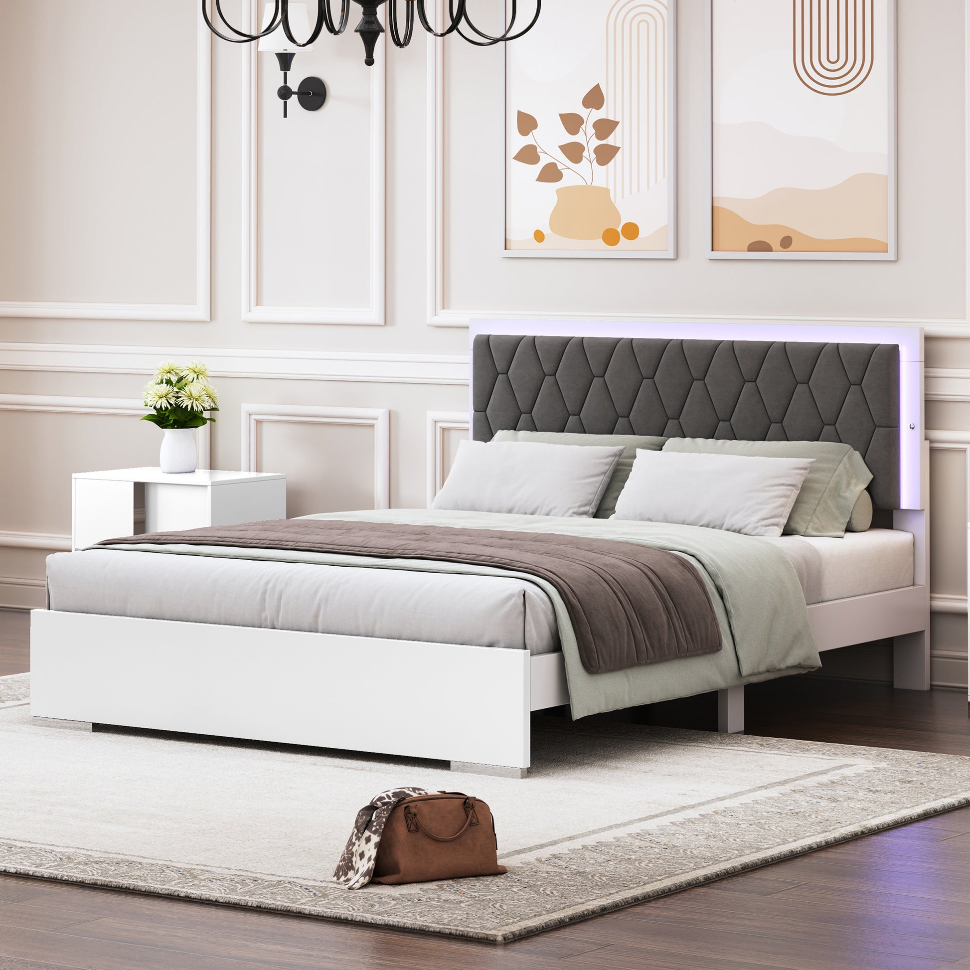 Queen Size Upholstered Bed With Led Light,Modern Platform Bed With With Velvet Headboard,White Queen White Mdf