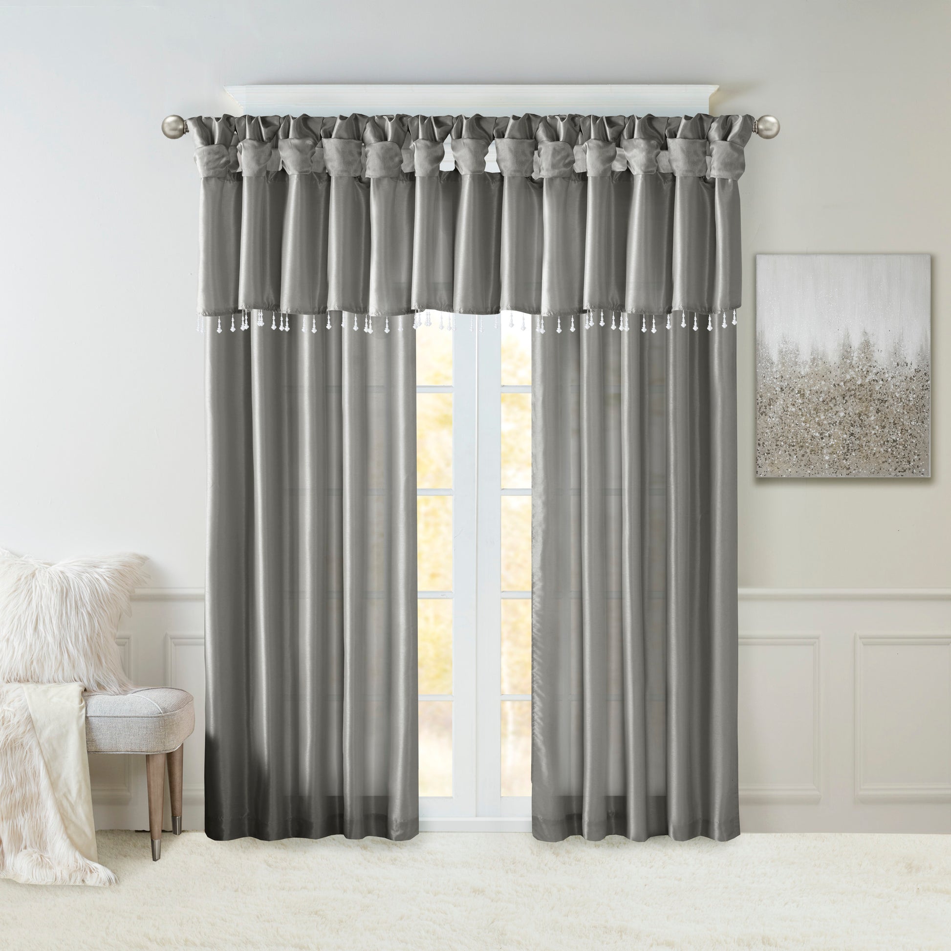 Lightweight Faux Silk Valance With Beads Charcoal 50X26" Charcoal Polyester
