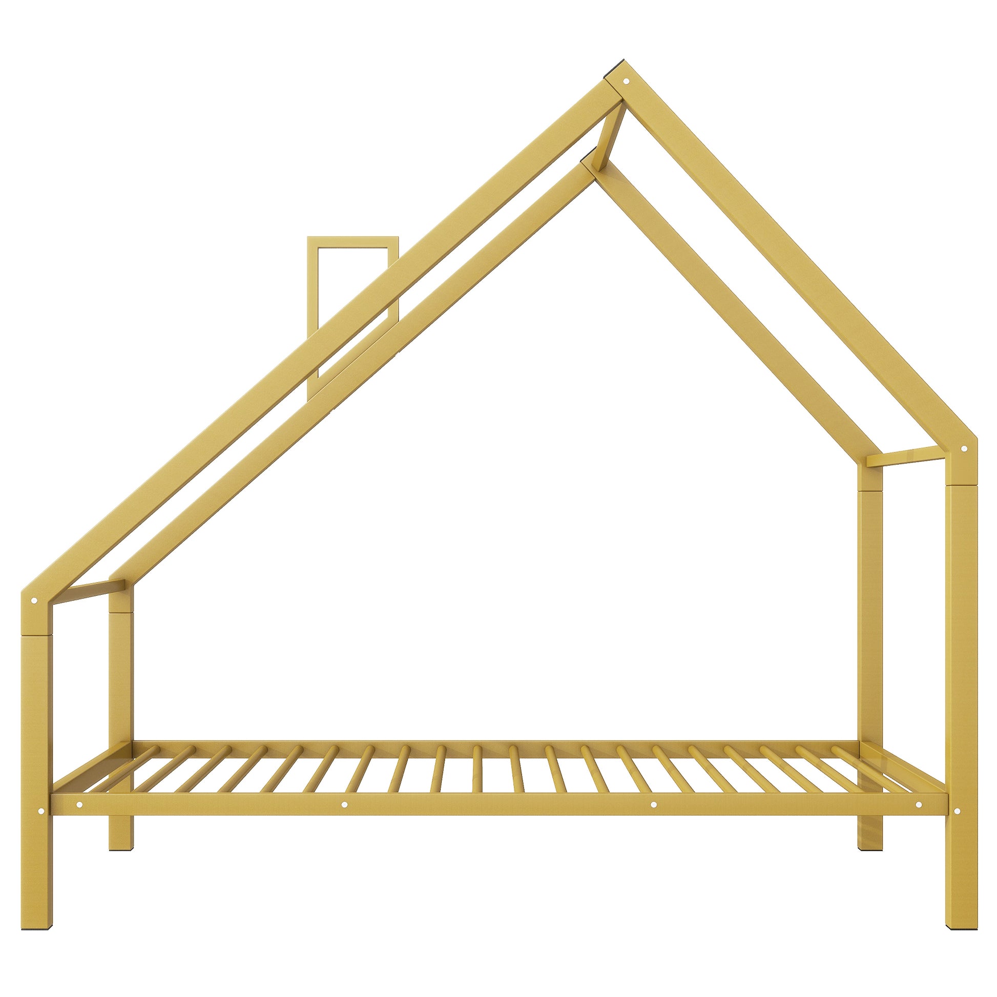 Twin Size Metal House Platform Bed With Roof And Chimney, Gold Box Spring Not Required Twin Gold Metal Bedroom Bed Frame Metal