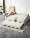 Full Size Daybed With Twin Size Trundle Upholstered Tufted Sofa Bed, With Button On Back And Copper Nail On Waved Shape Arms Beige Full Beige Wood Fabric