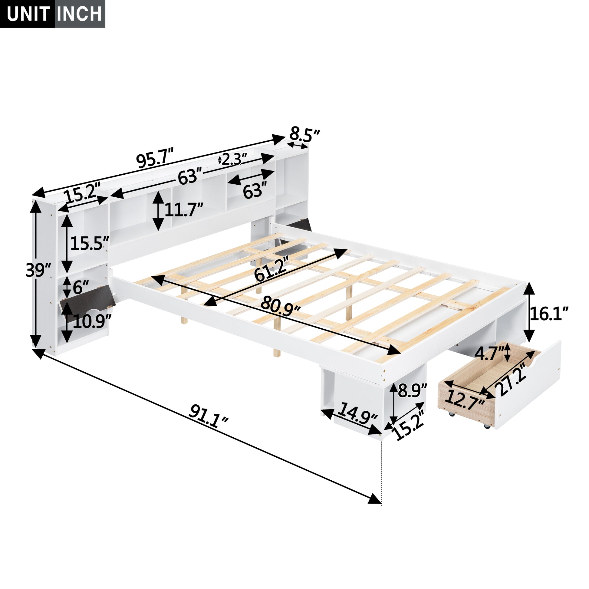 Queen Size Wood Platform Bed With Multi Storage Headboard And A Drawer, White Box Spring Not Required Queen White Wood Bedroom Bed Frame Solid Wood Mdf