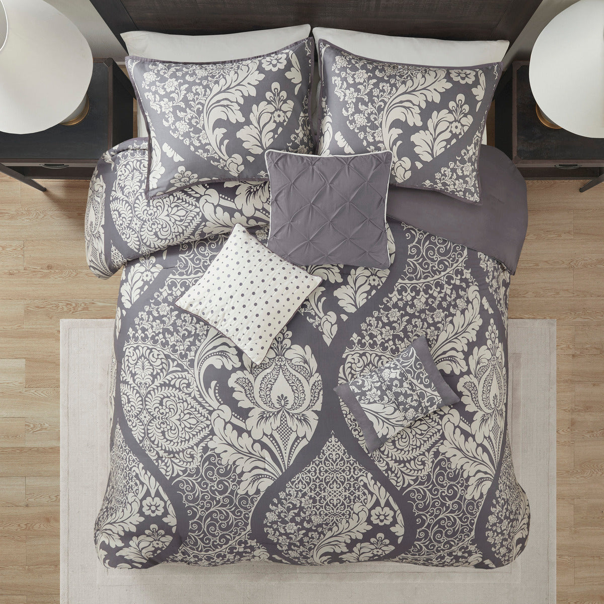 7 Piece Cotton Printed Comforter Set Grey Cal King California King Grey Polyester