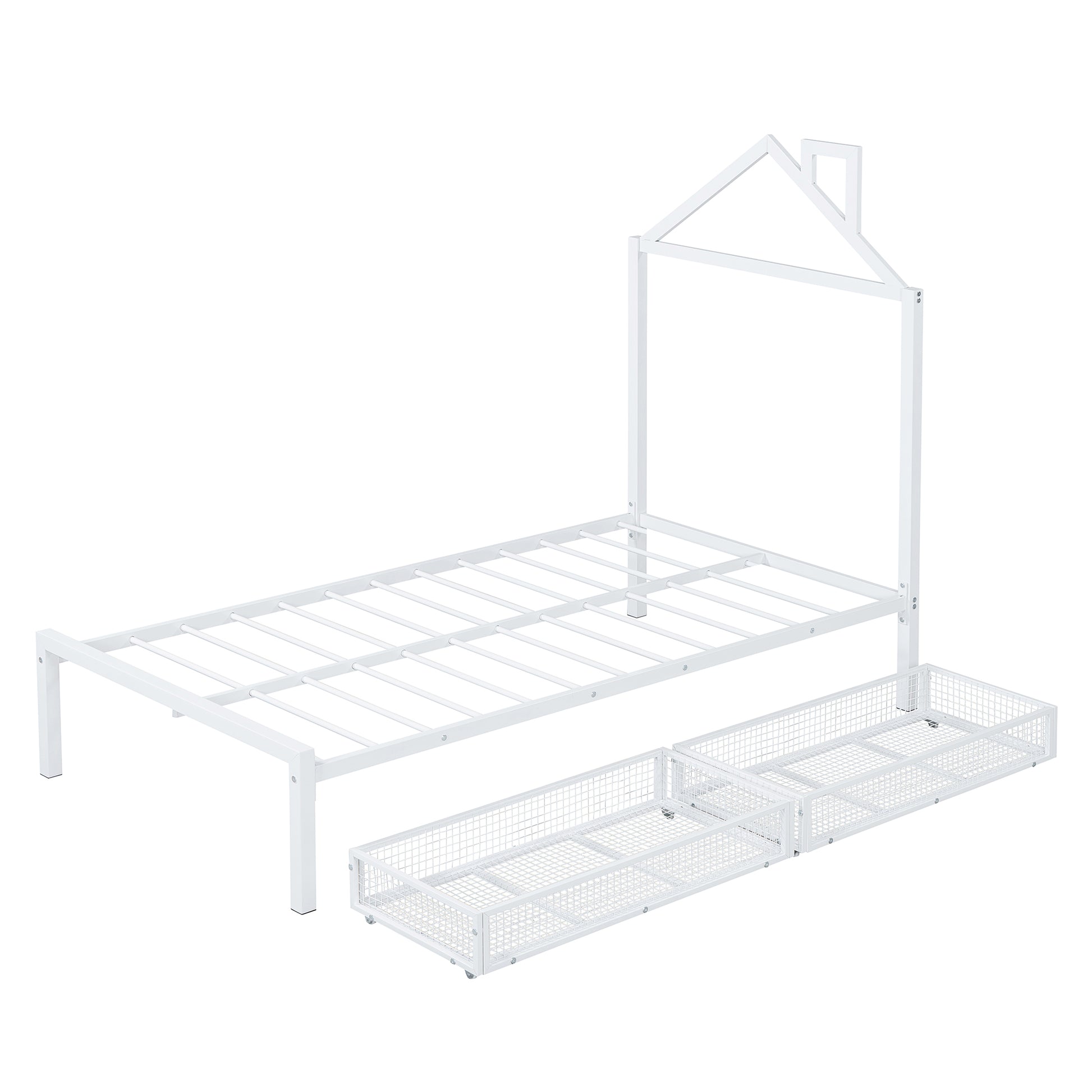 Twin Size Metal Platform Bed With Two Drawers,House Shaped Headboard Design, White Twin White Metal