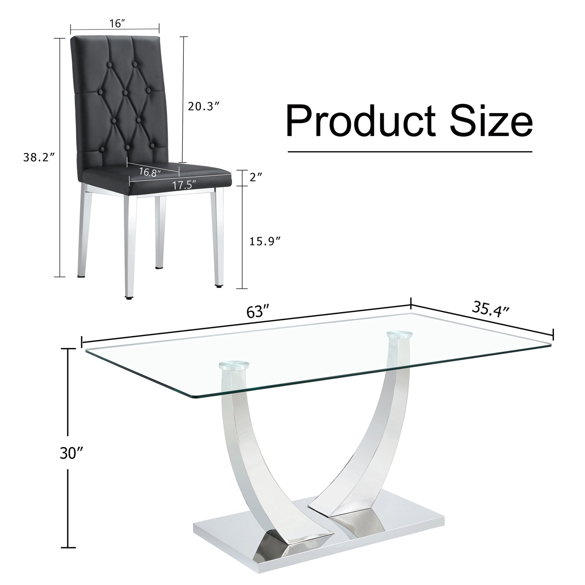 Table And Chair Set, Modern Dining Table, Tempered Glass Tabletop And Silver Colored Leg Table, Soft And Comfortable Dining Chair, Perfect For Dinner, Meetings, Home And Office Decor Black Seats 6 Glass