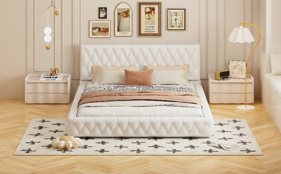 Queen Size Upholstered Bed With Tufted Headboard, Modern Velvet Platform Bedno Box Spring Required, White Queen White Solid Wood Mdf