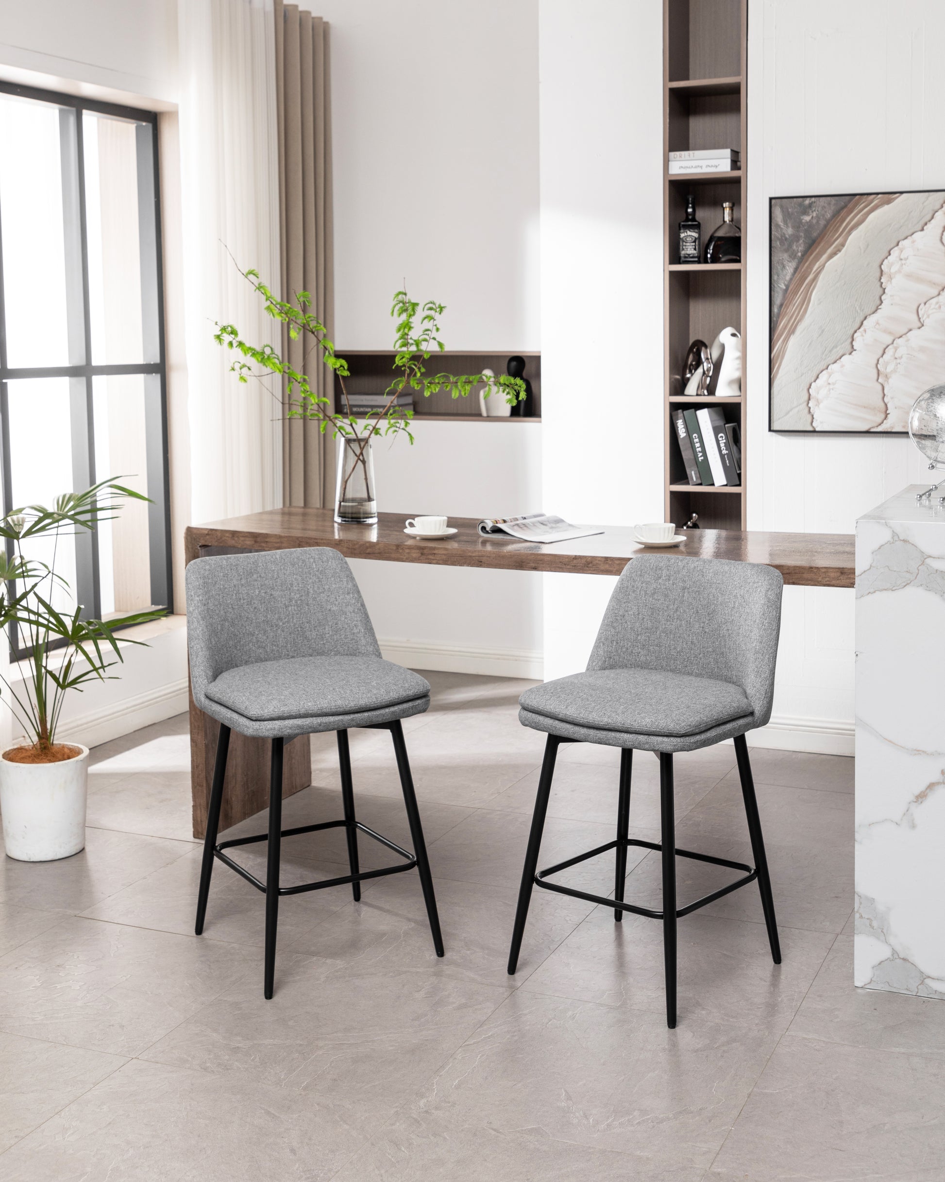 Counter Height Swivel Bar Stools Set Of 2, 360 Swivel Upholstered Barstools With Back And Metal Legs, 25.6" Seat Height,Counter Stools For Kitchen Island And Pub,Linen Cloth,Grey Light Grey Set Of 2 Linen