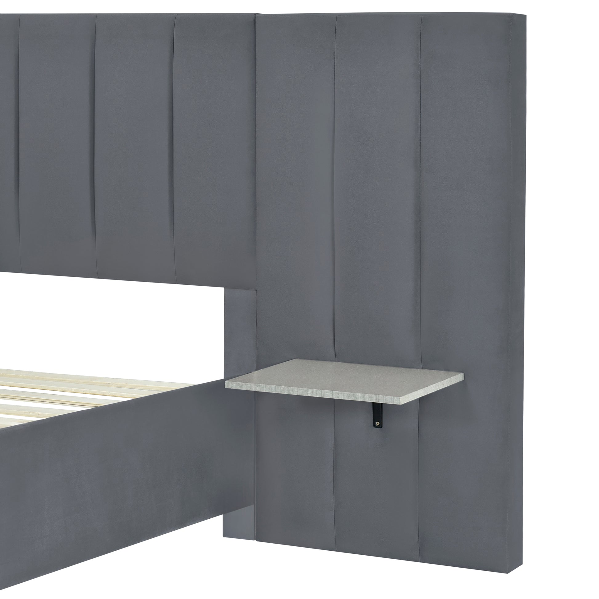 Full Size Upholstered Platform Bed With Big Headboard, Bedroom Furniture, Velvet, Gray Full Gray Plywood