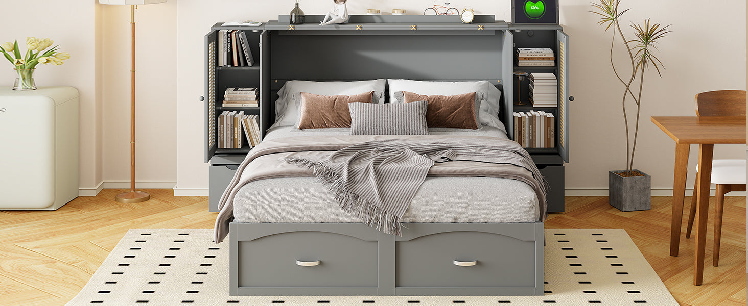 Full Size Murphy Bed Wall Bed With Drawer And Rattan Decoration With 2 Storage Cabinets, One Set Of Sockets & Usb Ports, Pulley Structure Design, Gray Full Gray Plywood