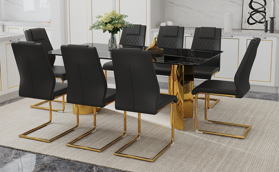 Table And Chair Set.The Table Has A Glass Tabletop With Imitation Marble Pattern Stickers And Stainless Steel Golden Table Legs. Paried With Comfortable Chairs With Pu Seats And Metal Legs. Gold Black Seats 8 Glass Metal