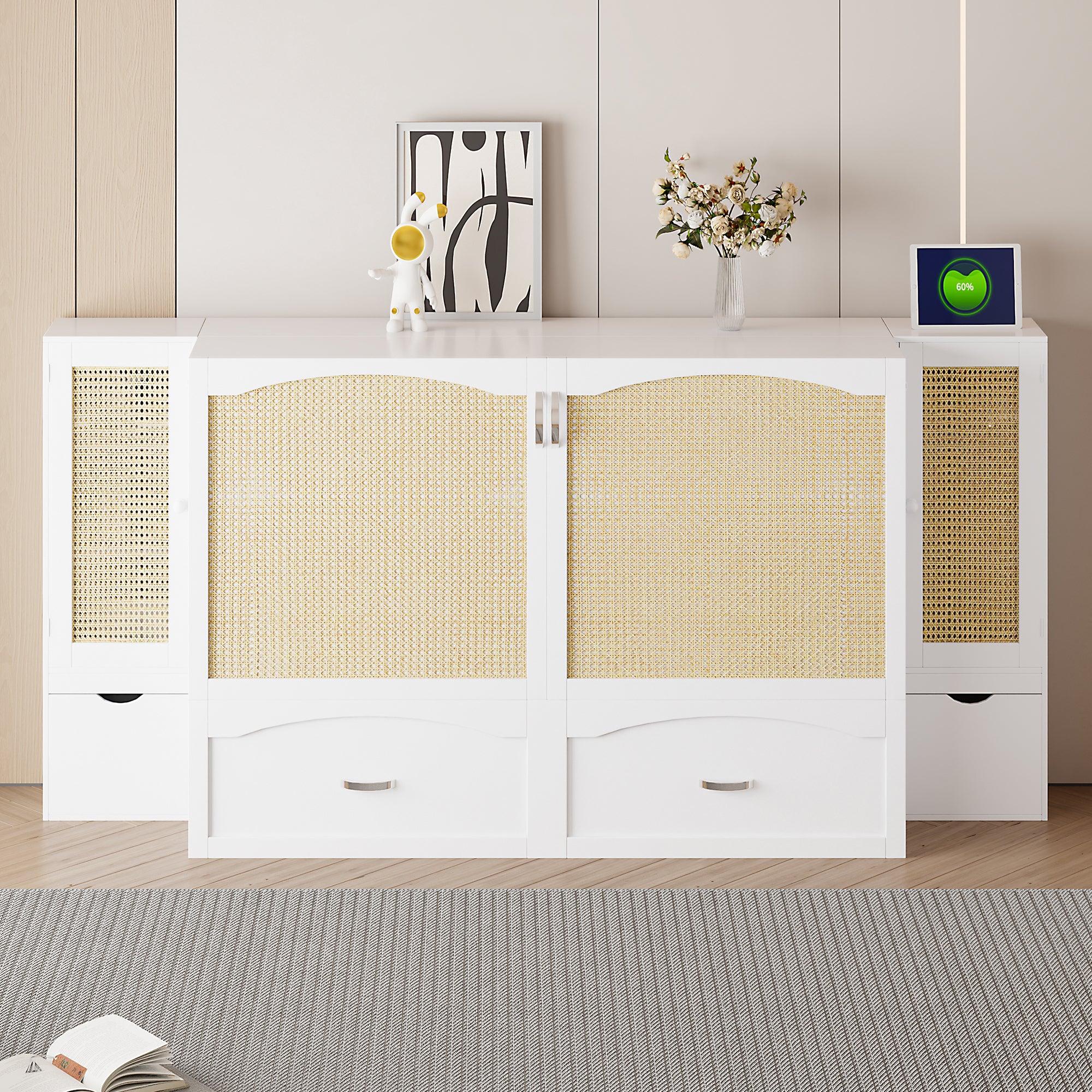 Queen Size Murphy Bed Wall Bed With Drawer And Rattan Decoration With 2 Storage Cabinets, One Set Of Sockets & Usb Ports, Pulley Structure Design, White Queen White Plywood