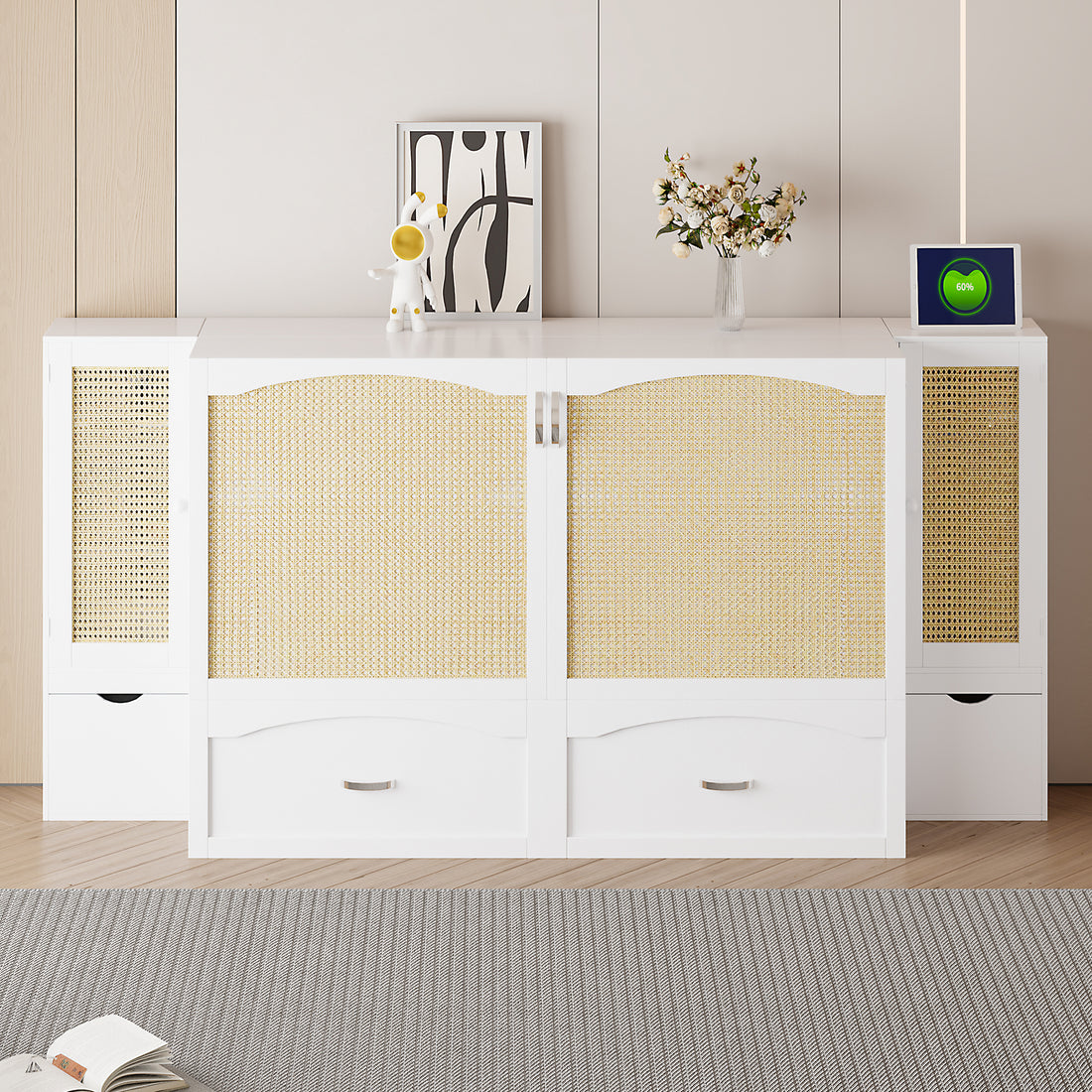 Queen Size Murphy Bed Wall Bed With Drawer And Rattan Decoration With 2 Storage Cabinets, One Set Of Sockets & Usb Ports, Pulley Structure Design, White Queen White Plywood