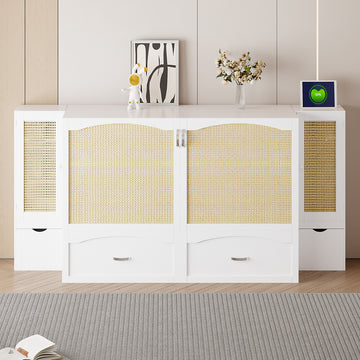 Queen Size Murphy Bed Wall Bed With Drawer And Rattan Decoration With 2 Storage Cabinets, One Set Of Sockets & Usb Ports, Pulley Structure Design, White Queen White Plywood