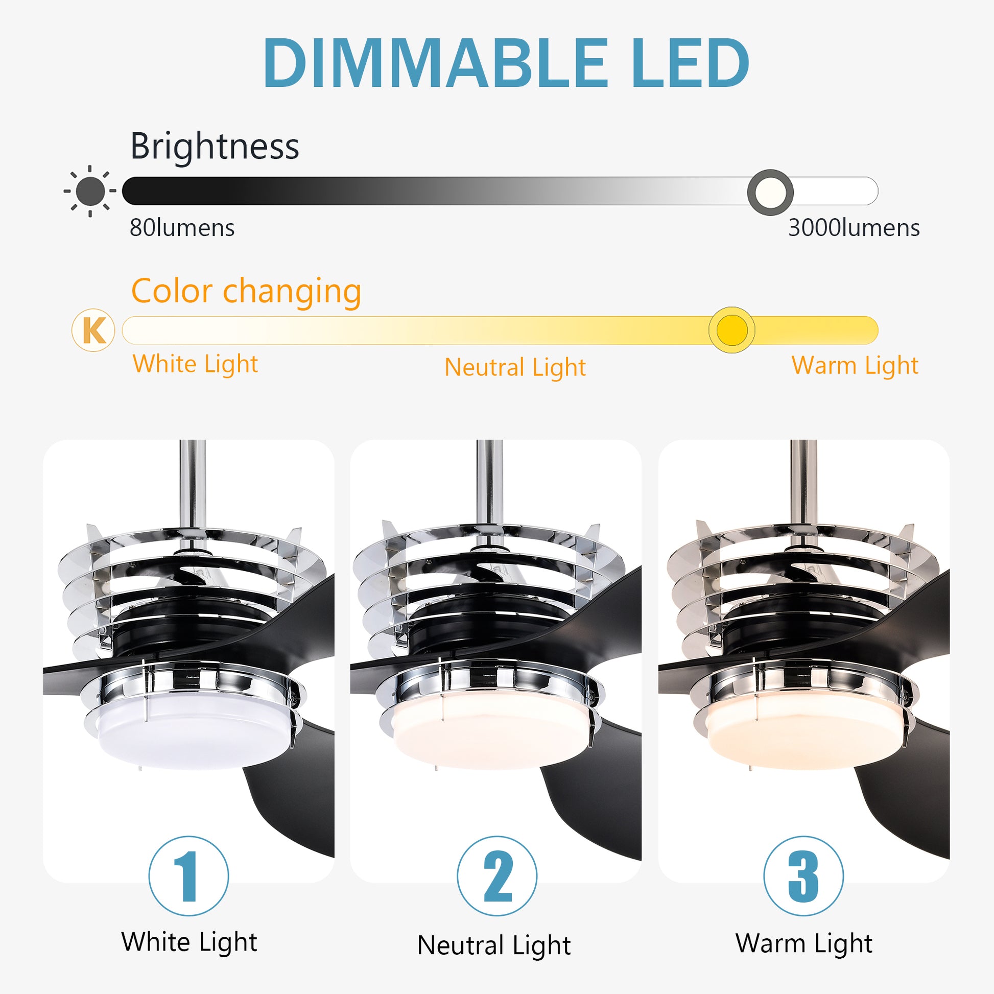 52'' Abs Blades Ceiling Fan With Lights And Dc Remote, Dc Motor Modern Ceiling Fan With 3 Abs Fan Blades & 2 Down Rods, Indoor Ceiling Fan With Light For Bedroom,Living Room Chrome American Design Abs Metal