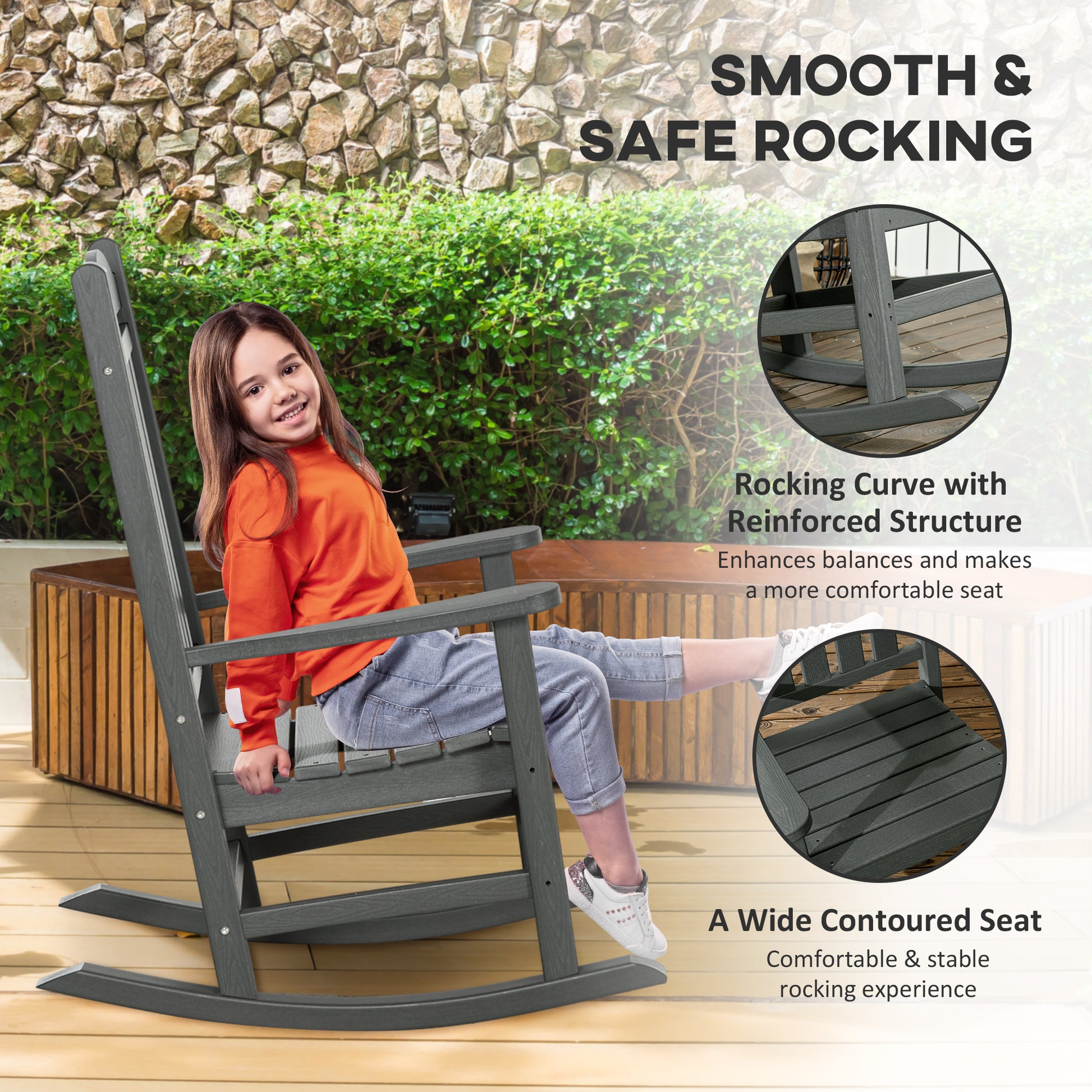 Outsunny 2 Pieces Outdoor Rocking Chair, All Weather Resistant Hdpe Rocking Patio Chairs With Rustic High Back, Armrests, Oversized Seat And Slatted Backrest, 350Lbs Weight Capacity, Dark Gray Dark Gray Plastic