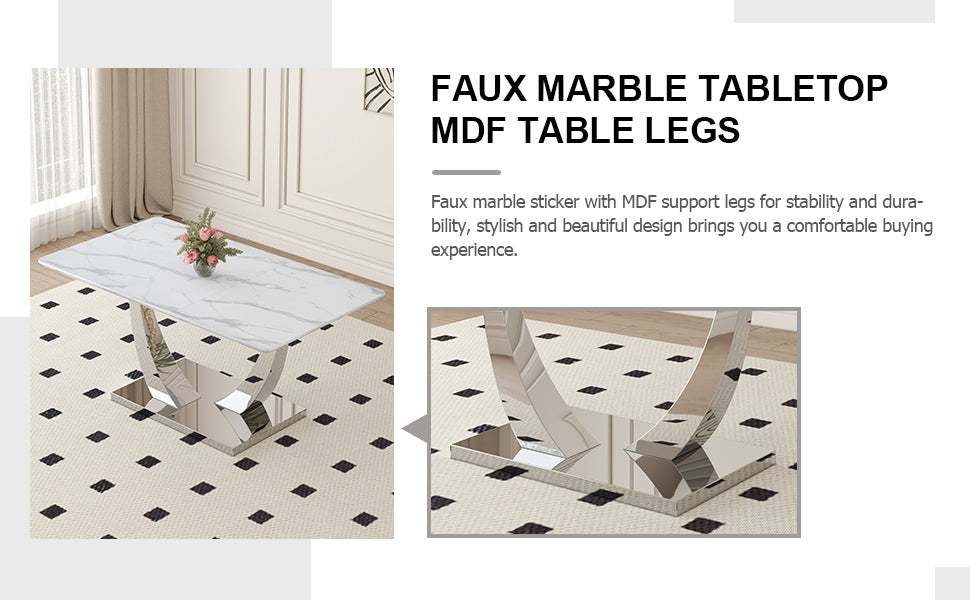 Table And Chair Set. Large Modern Rectangular Table With White Textured Top And Silver Metal Legs. Soft And Comfortable Pu Seats, Faux Leather Upholstered Seats And Sturdy Metal Legs. White Mdf Metal