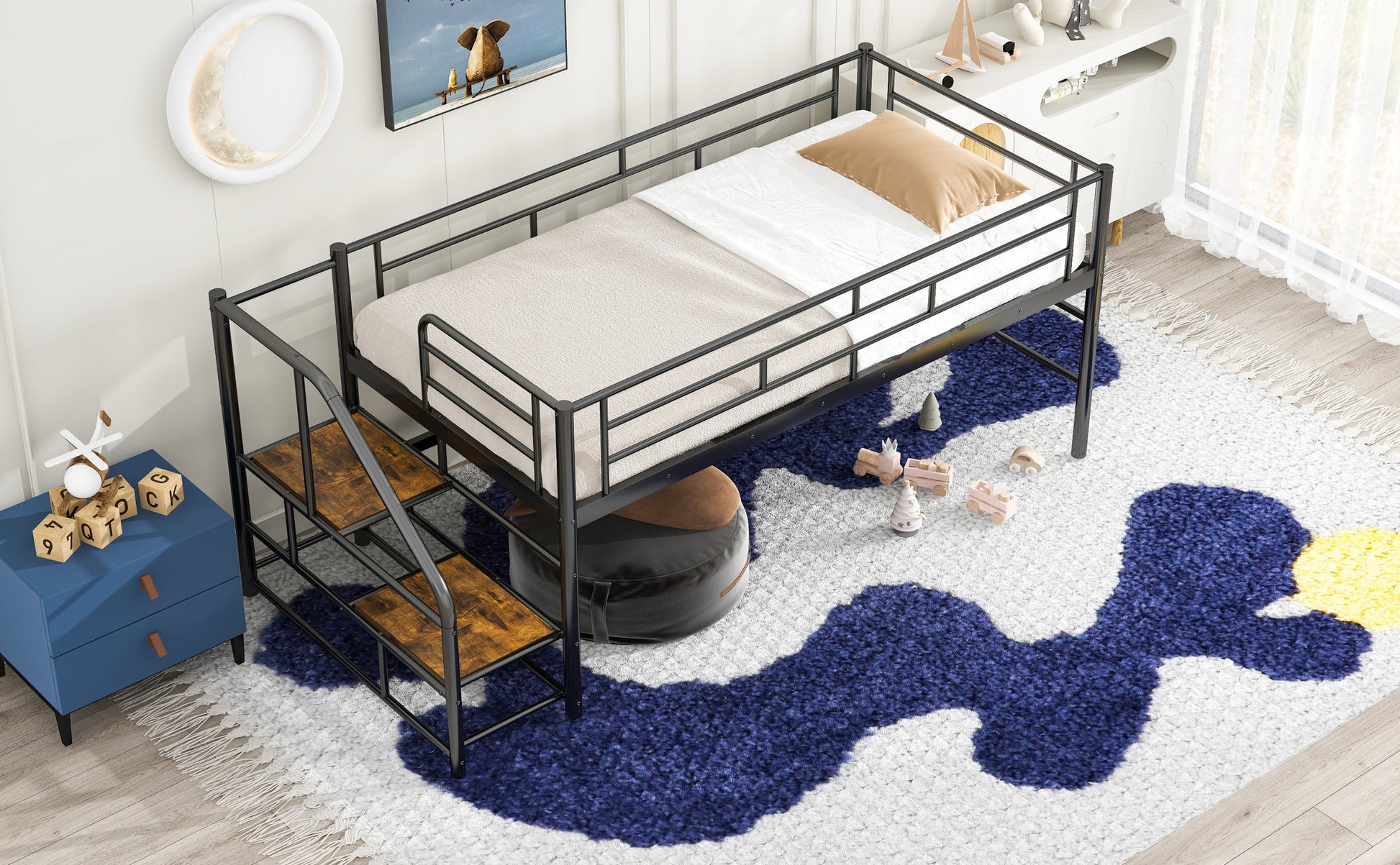 Mid Loft Bed With Storage Stairs, Twin, Black Twin Black Mdf Metal