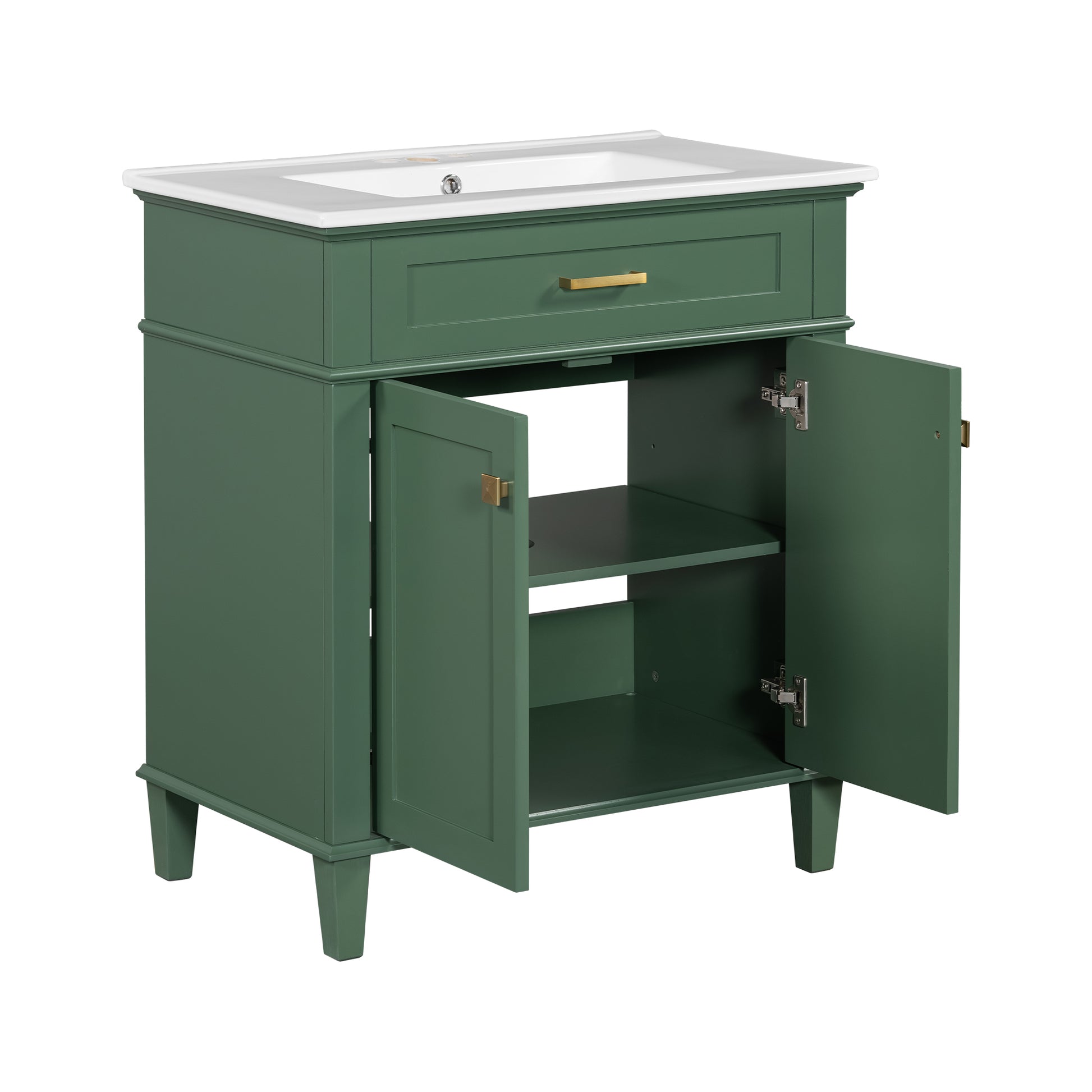 30 Inch Bathroom Vanity With Ceramic Basin, Soft Close Door And Adjustable Shelves Green Bathroom Solid Wood Mdf