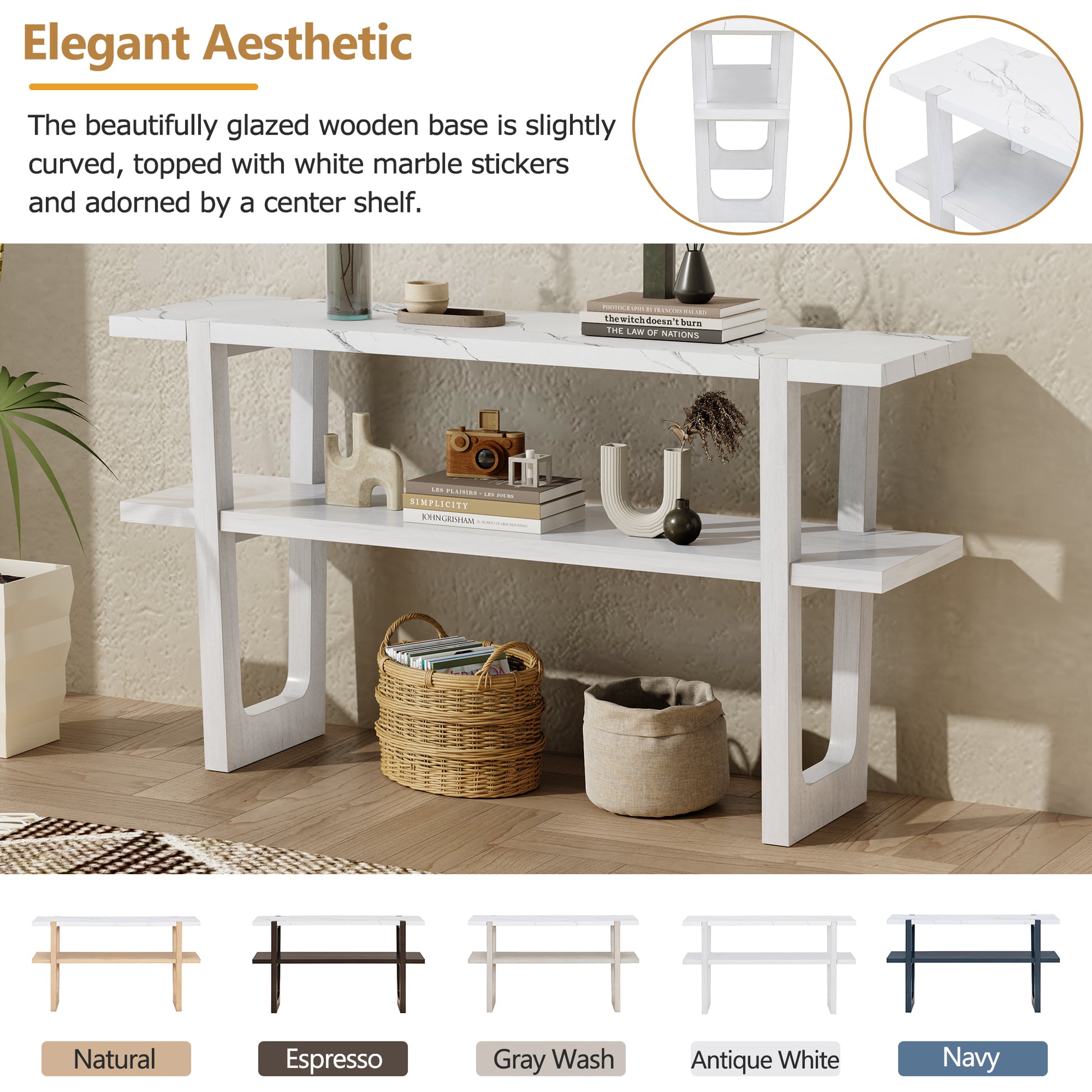 Retro Elegant Console Table With Marble Effect Top And Versatile Storage Solutions For Entryway And Living Room Antique White Antique White Solid Wood Mdf