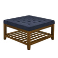 Upholstered Coffee Table Tufted Linen Large Square Ottoman With Beech Wood Shelf And Frame, Oversized Footrest Ottoman For Living Room, Navy Blue Light Brown Wood Primary Living Space Heavy Duty Beech Wood Navy Blue Linen Or Linen Blend Medium Firm