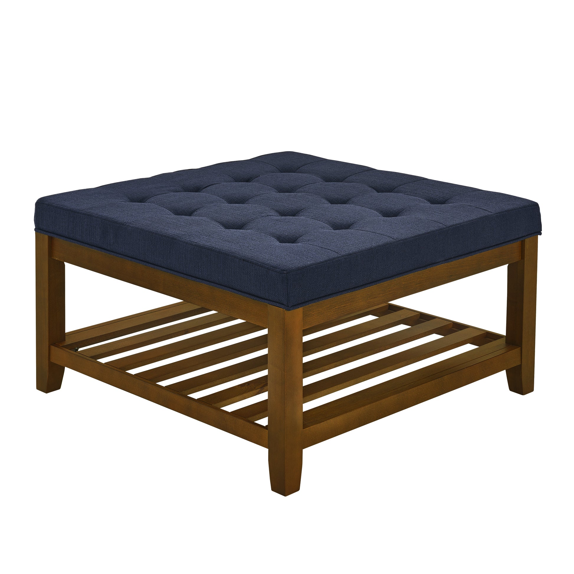 Upholstered Coffee Table Tufted Linen Large Square Ottoman With Beech Wood Shelf And Frame, Oversized Footrest Ottoman For Living Room, Navy Blue Light Brown Wood Primary Living Space Heavy Duty Beech Wood Navy Blue Linen Or Linen Blend Medium Firm