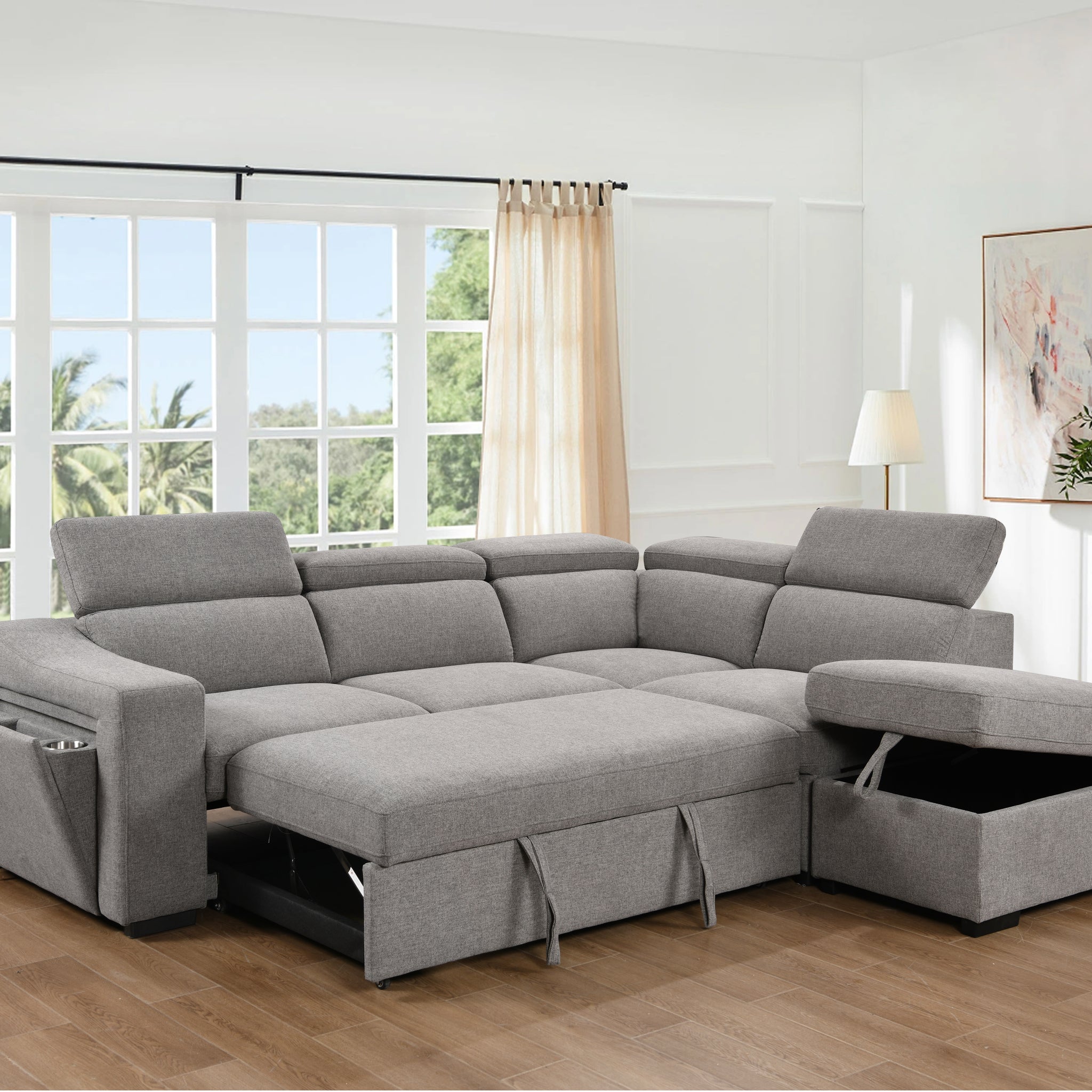 105"L Shape Sectional Sofa With Pull Out Bed And Ottoman Storage Space, Convertible Sleeper Couch, Arm With 1 Cup Holders And Wirelessly Charged, For Living Room, Apartment, Light Gray Light Brown