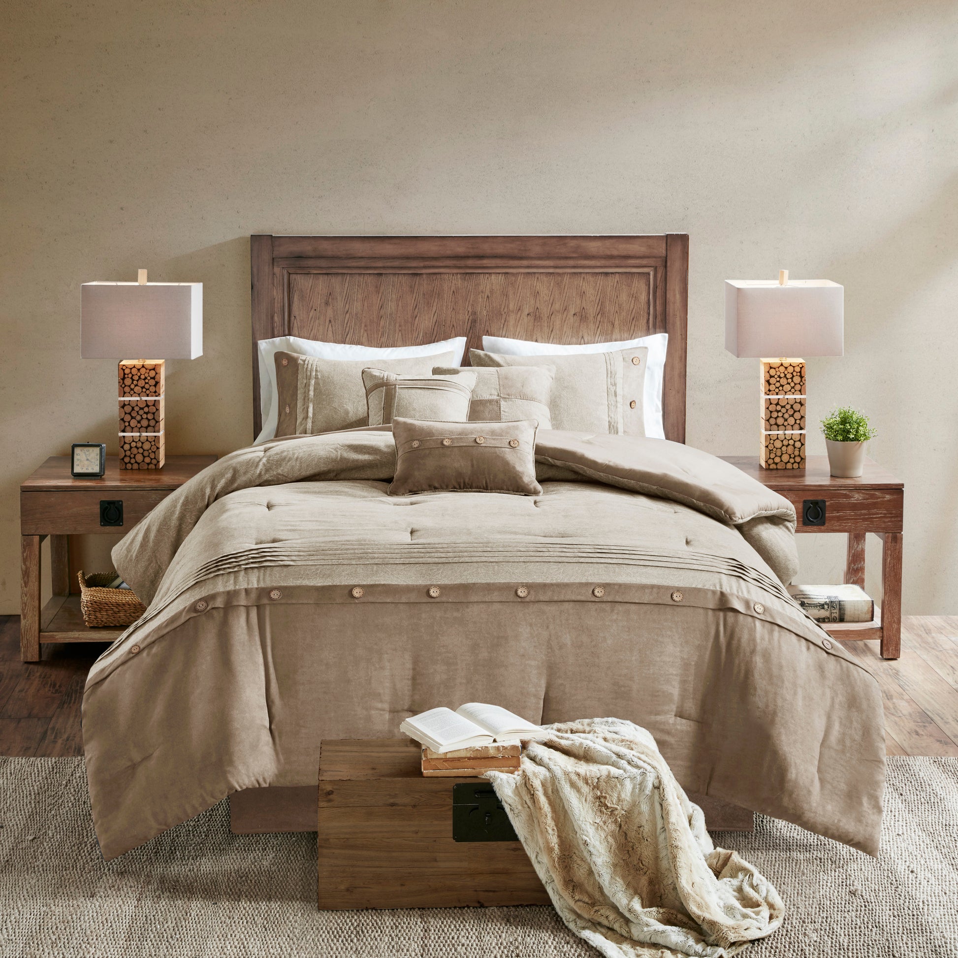 7 Piece Faux Suede Comforter Set Tan Cal King California King Tan Polyester