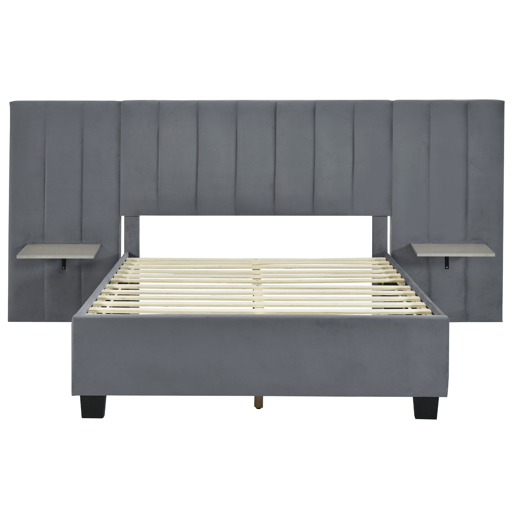 Full Size Upholstered Platform Bed With Big Headboard, Bedroom Furniture, Velvet, Gray Full Gray Plywood