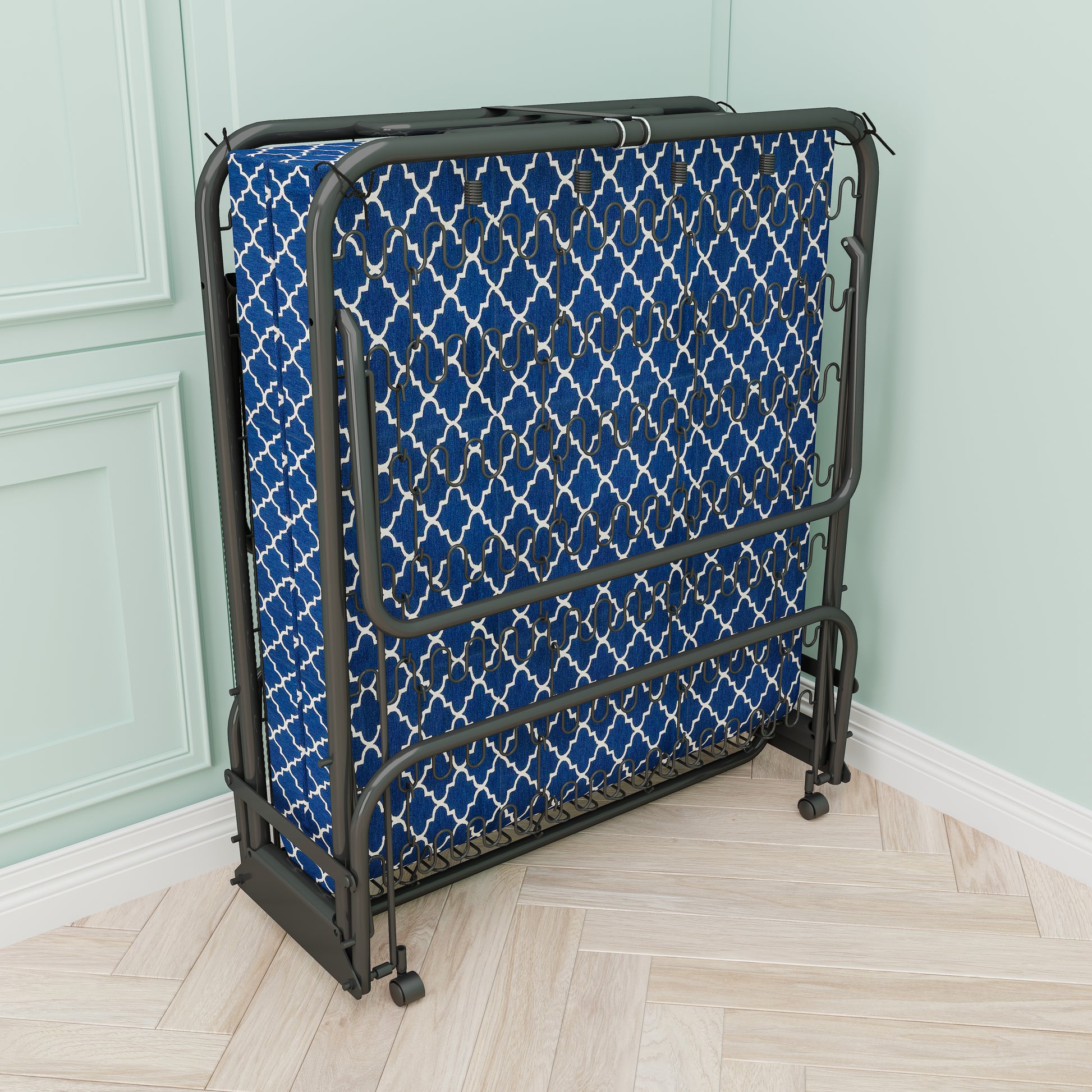 Metal Folding Bed Frame With Foam Mattress For Small Space, Easy Storage And Movable With 4 Castors Full Box Spring Not Required Black Blue Metal Bedroom Minimalist,Modern Bed Frame Foam Cotton Foam