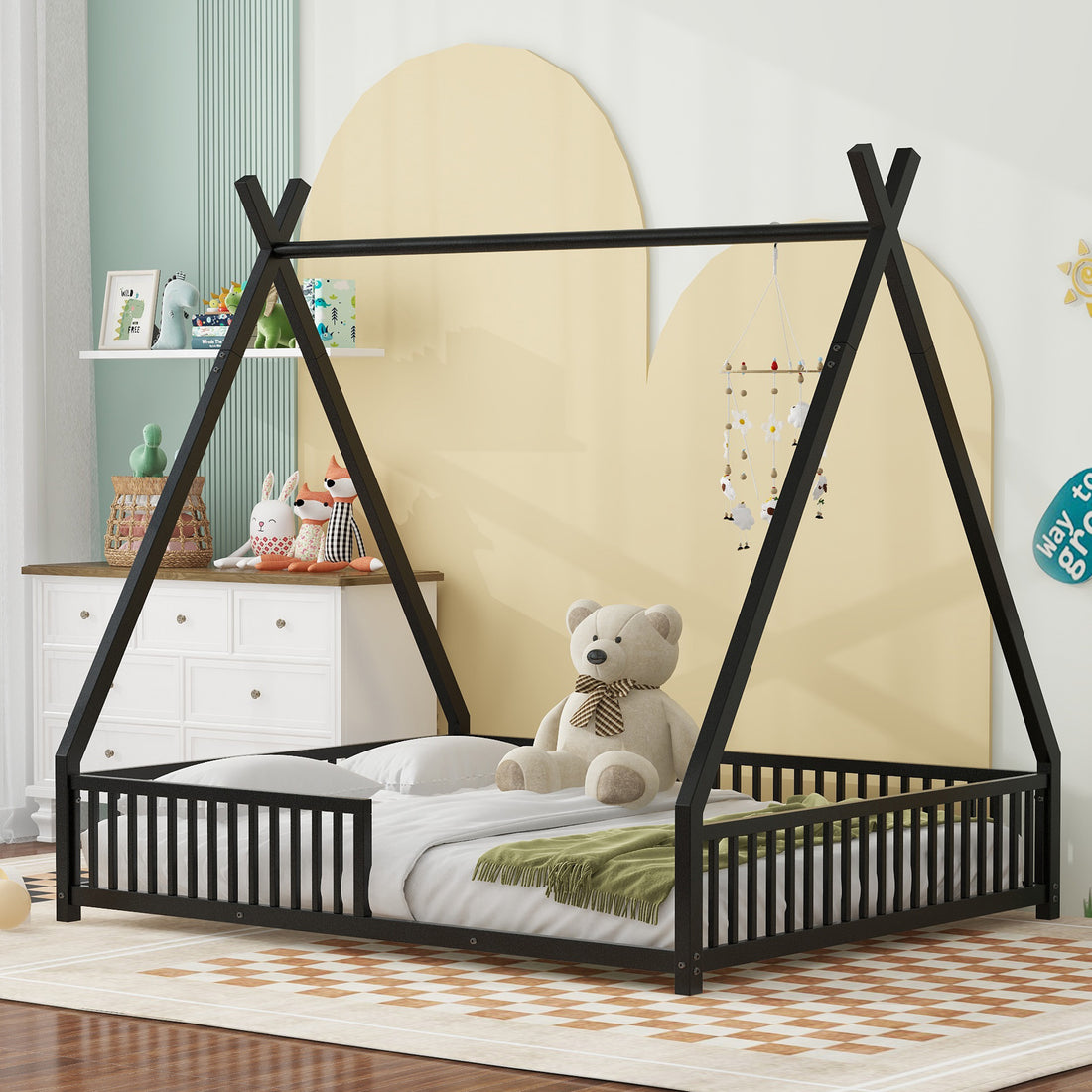 Metal Full Size House Platform Bed With Triangle Structure And Guardrail, Black Box Spring Not Required Full Black Metal Metal