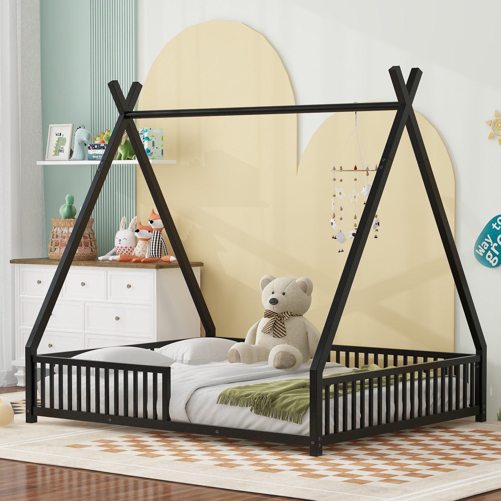 Metal Full Size House Platform Bed With Triangle Structure And Guardrail, Black Box Spring Not Required Full Black Metal Metal