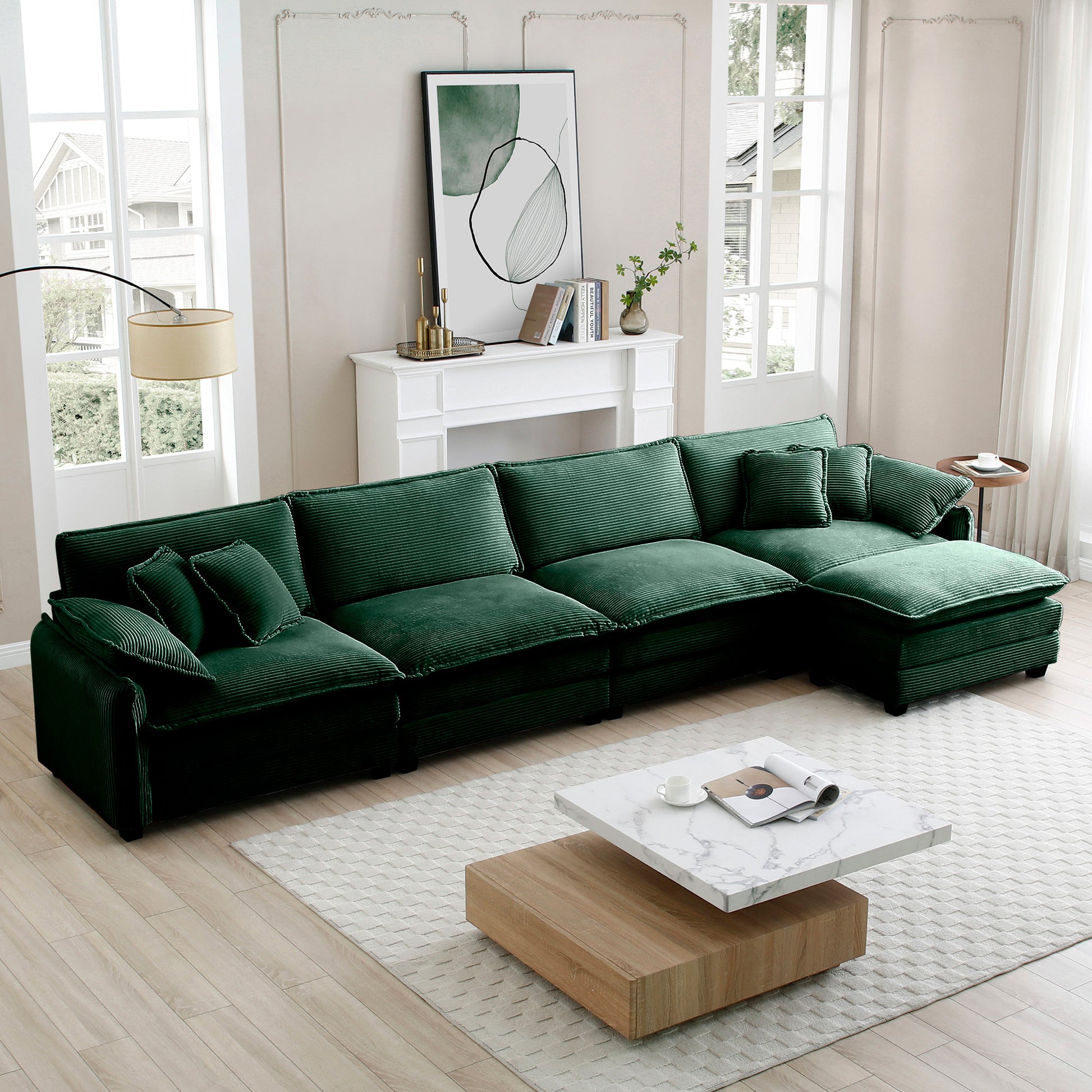 Corduroy Sofa Modern Upholstered 4 Seater With With 1 Footstool Corduroy Fabric Sofaoffice Living Room Apartment Comfort Sofa, Easy To Assemble With 2 Arm Pillows And 4 Throw Pillows Green Corduroy 4 Seat