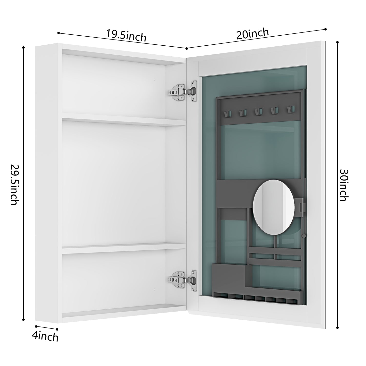 20'' W X 30'' H Bathroom Mirror Medicine Cabinet Wooden Door Medicine Cabinets For Bathroom, Wall Mounted Recessed Or Surface, Bathroom Mirror With Storage, Right Opening Door White Engineered Wood