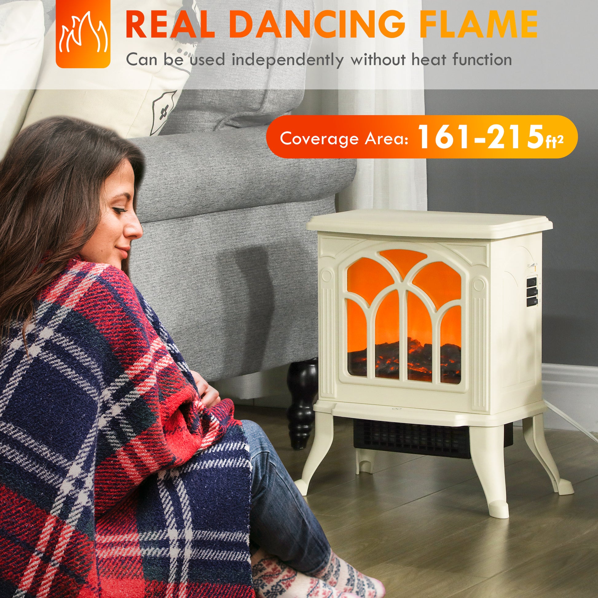 Homcom 17" Freestanding Electric Fireplace Stove, Fire Place Heater With Realistic Logs And Flame Effect And Overheat Protection, 750W 1500W, Beige Beige Plastic